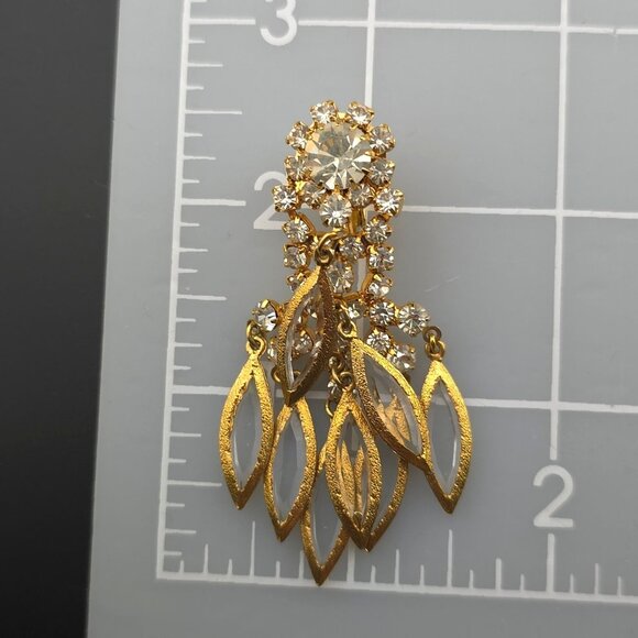 Runway Chandelier Gold-Tone Clip-On Earrings Clear Crystals & Dangle Leaf Charms - Picture 7 of 7